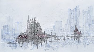 Rob Voerman - “Babel”, 2024, 195 x 115cm, lino- en zeefdruk en podlood op papier, oplage 7